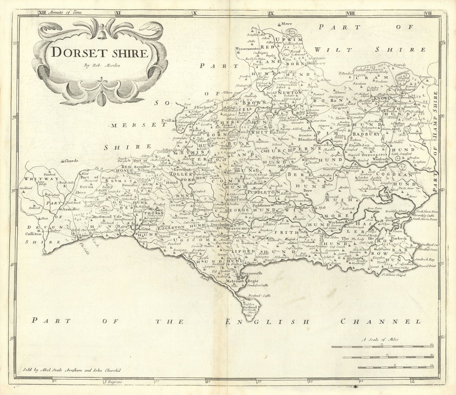 Dorset. 'DORSET SHIRE' by ROBERT MORDEN from Camden's Britannia 1722 old map